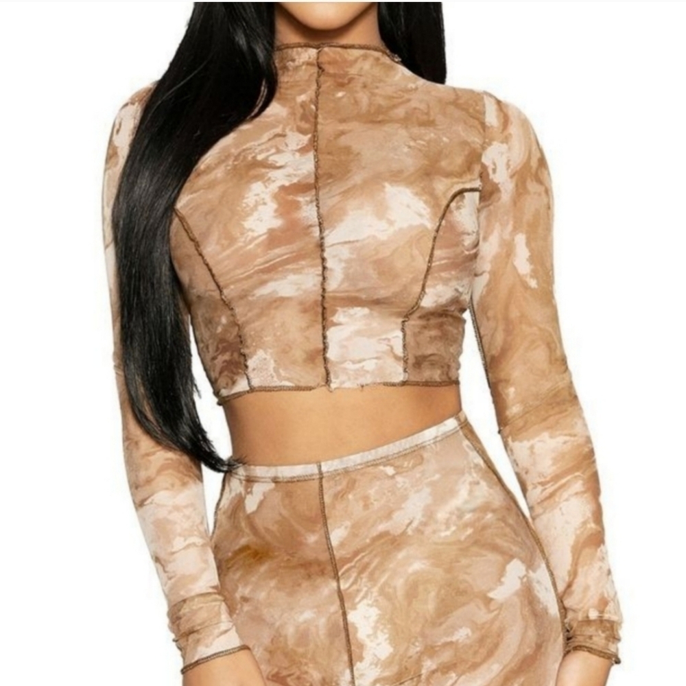 Naked Wardrobe Brown Marble Print Mock Neck Sheer Cropped Long Sleeve Top